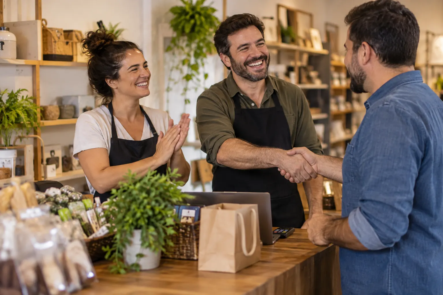Clientes satisfeitos comemorando em uma loja
