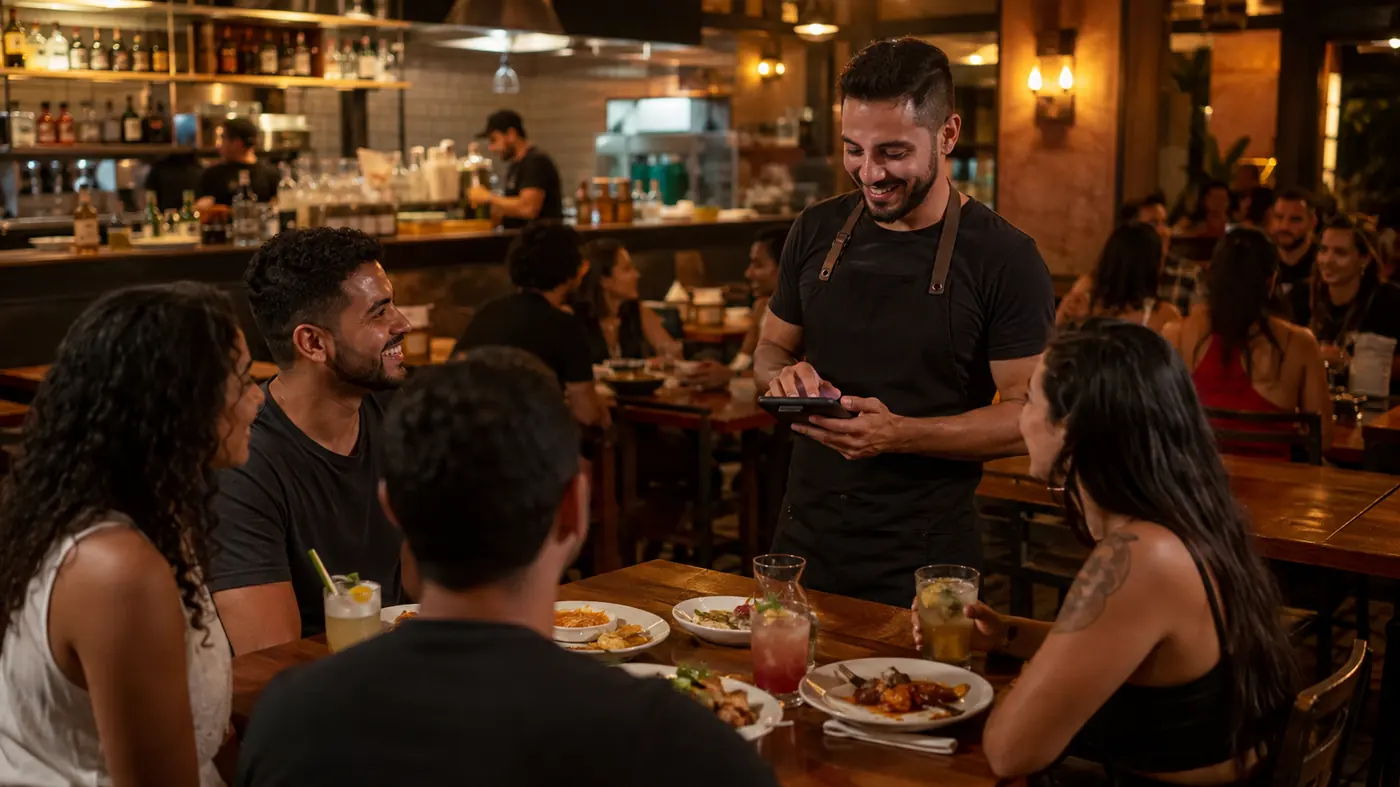Garçom usando comanda eletrônica em mesa de bar e restaurante