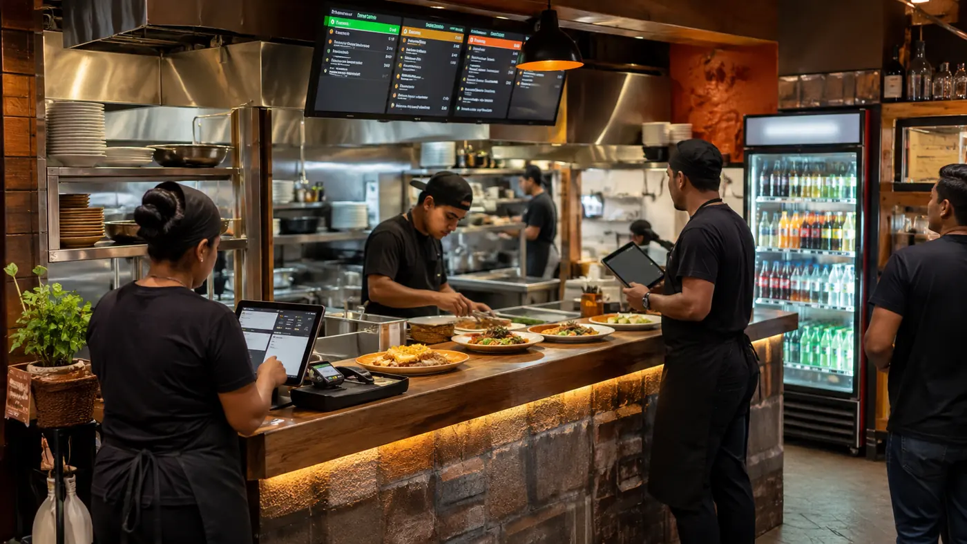 Equipe de restaurante acompanhando pedidos em cozinha e caixa