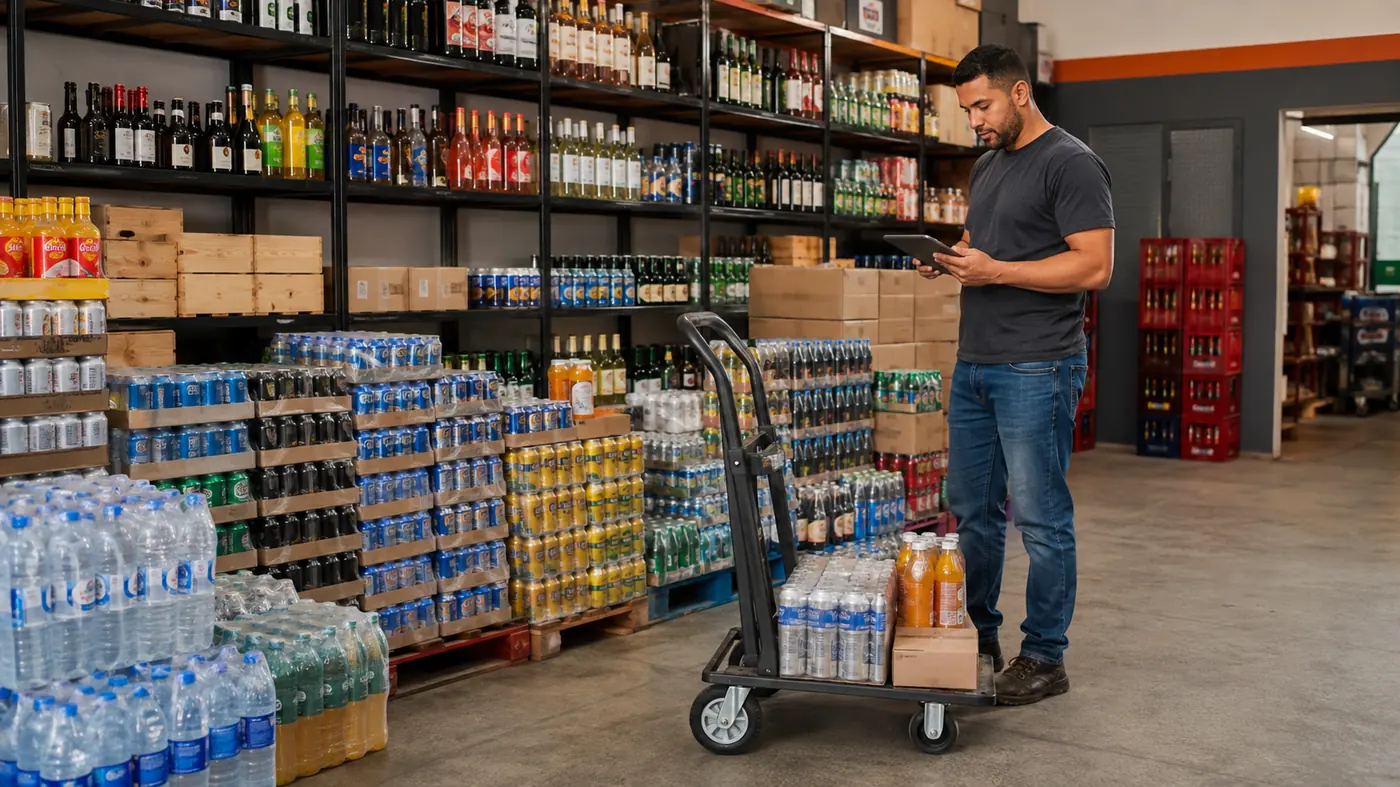 Funcionário separando pedidos em estoque de bebidas com tablet