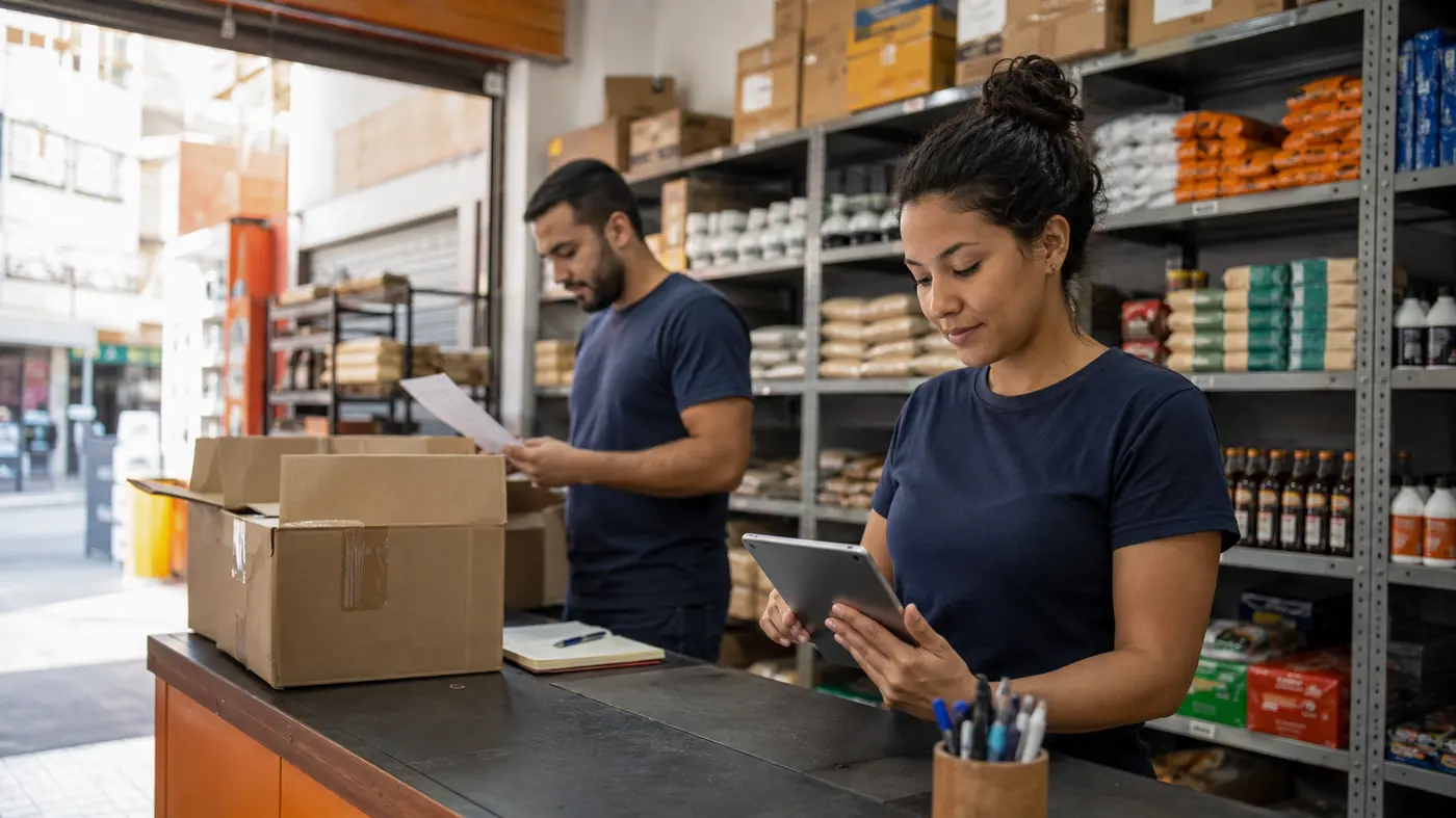 Pequena distribuidora com equipe conferindo estoque e preparando pedidos