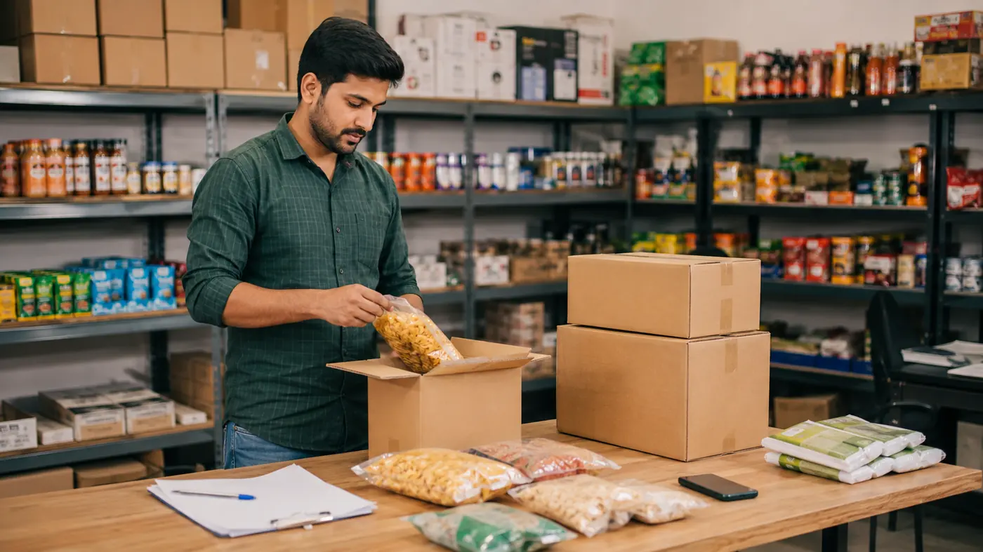 Pequeno atacado separando produtos e caixas para entrega