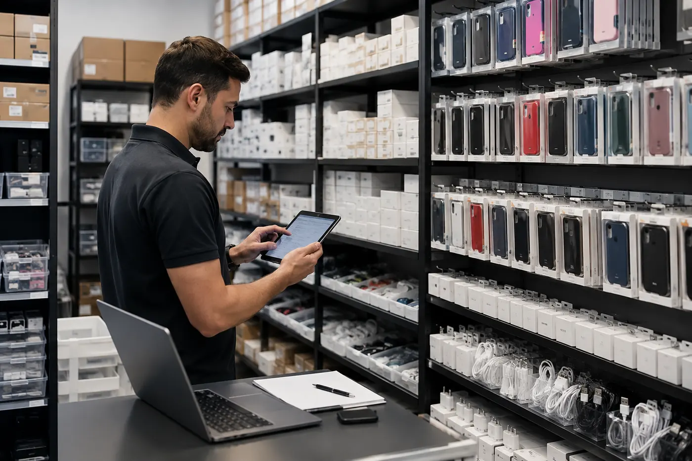 Estoque organizado de acessórios para celular com conferência em tablet