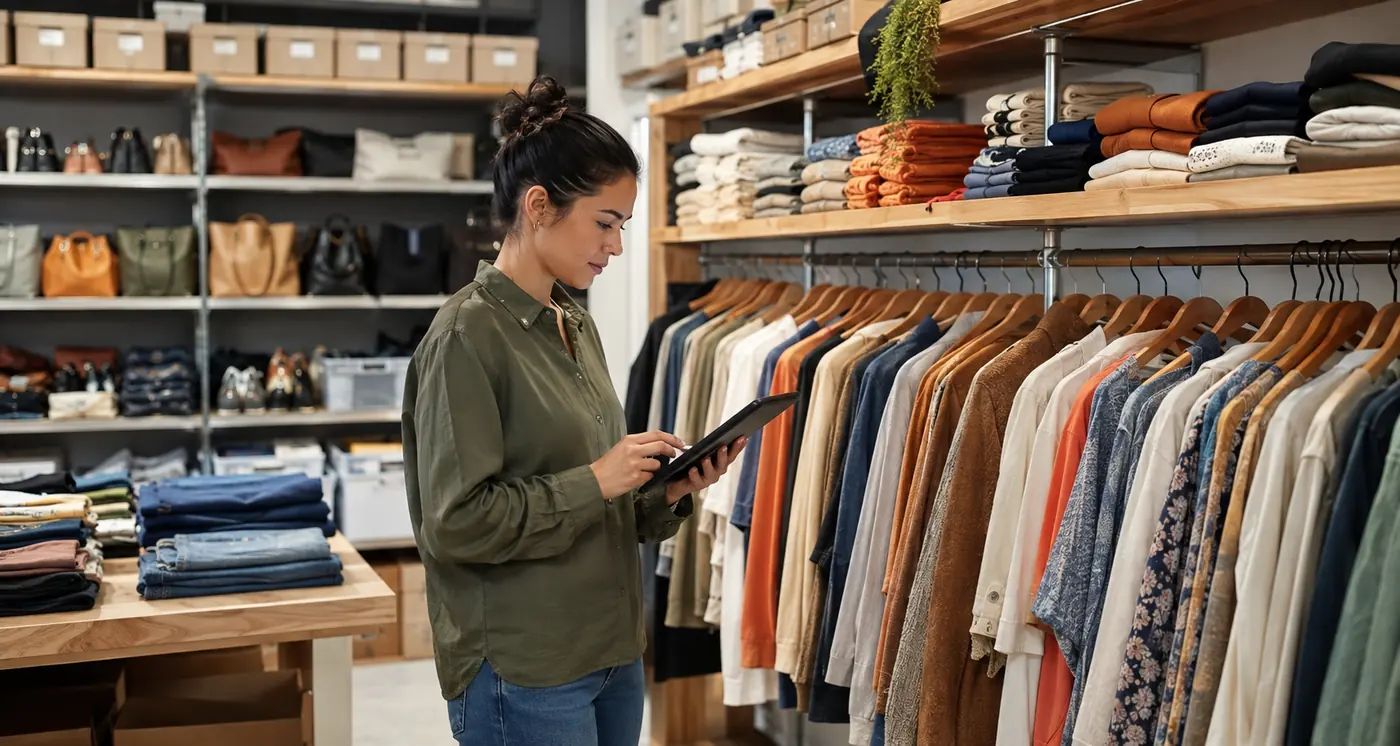 Estoque de loja de moda organizado por roupas, cores e acessórios