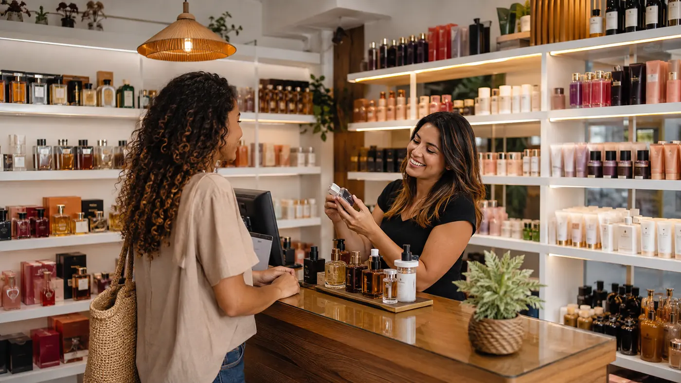 Loja de perfumes com atendimento no balcão e prateleiras organizadas