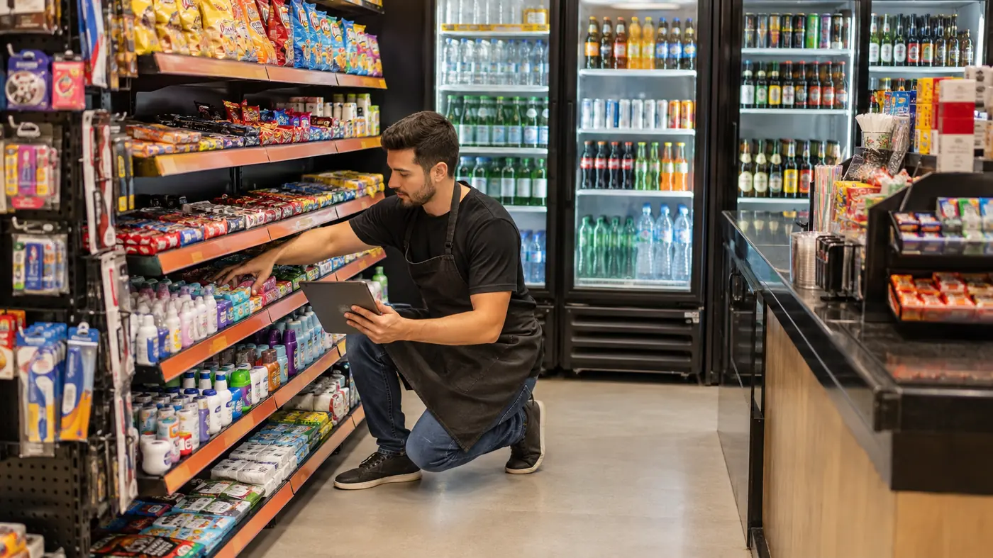 Funcionário repondo gôndolas e geladeiras em loja de conveniência